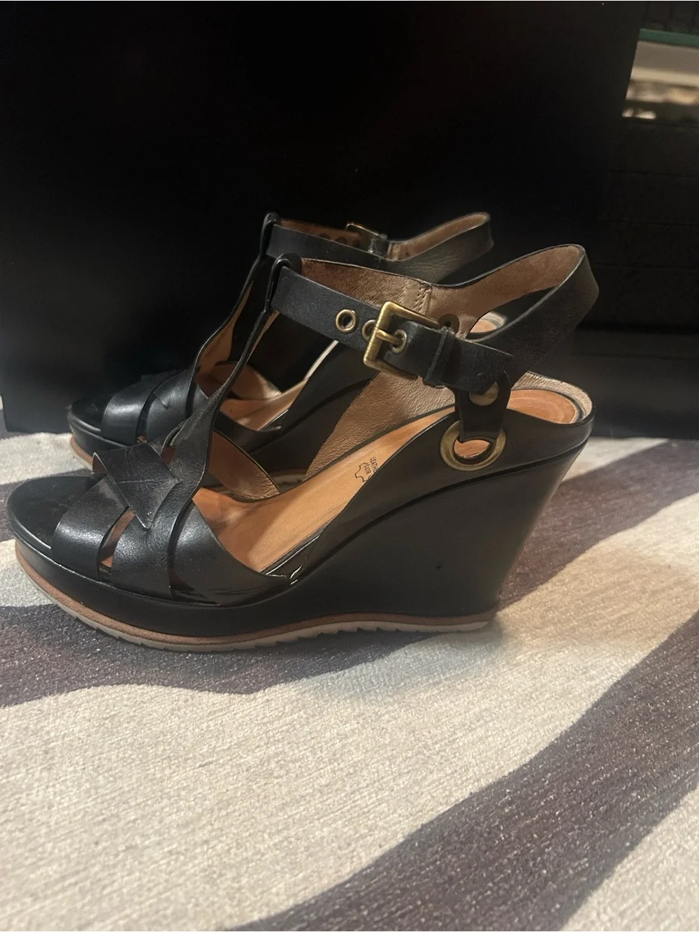 Biala Black Leather T-Strap Wedge Sandals